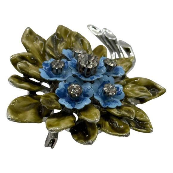 Vintage Coro Floral Bouquet Brooch Pin Enamel Green Blue Rhinestone Summer - Picture 7 of 13